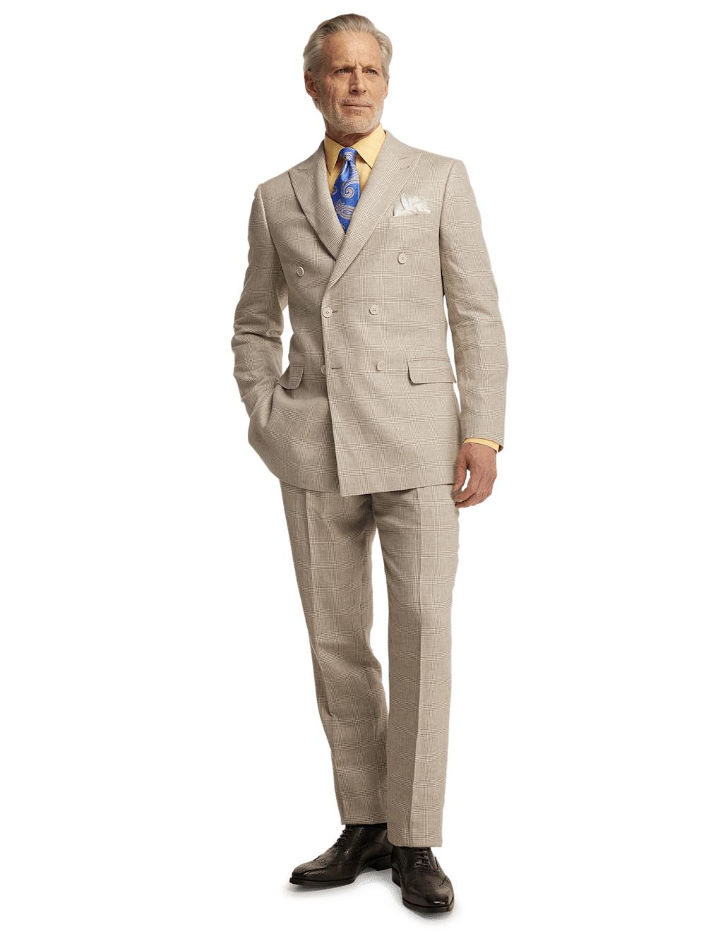 Linen Blend Plaid Double Breasted Peak Lapel Suit Jacket - Tan Product Image