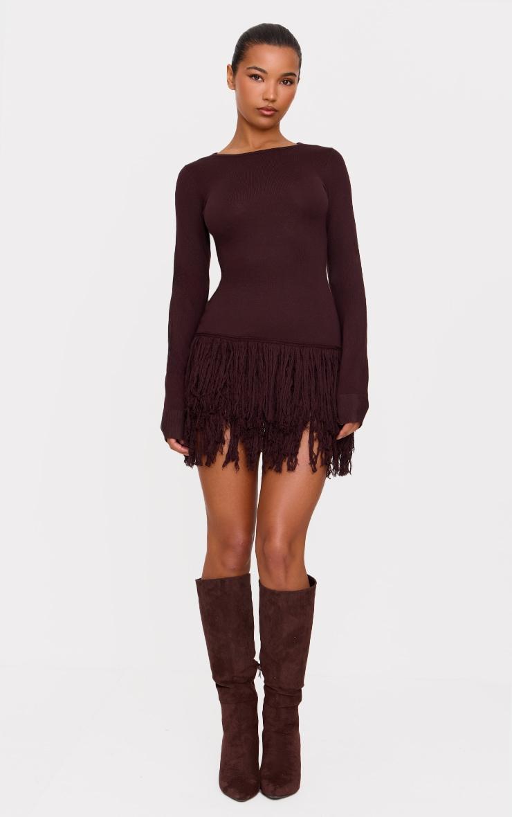 Cappuccino Fine Knit Fringe Hem Long Sleeve Micro Mini Dress Product Image