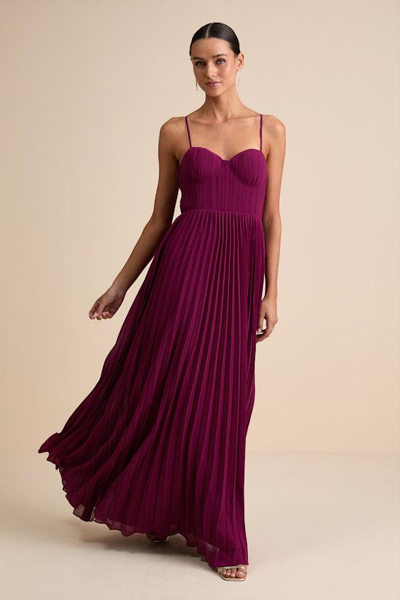 Admirable Elegance Plum Pleated Bustier Maxi Dress Product Image