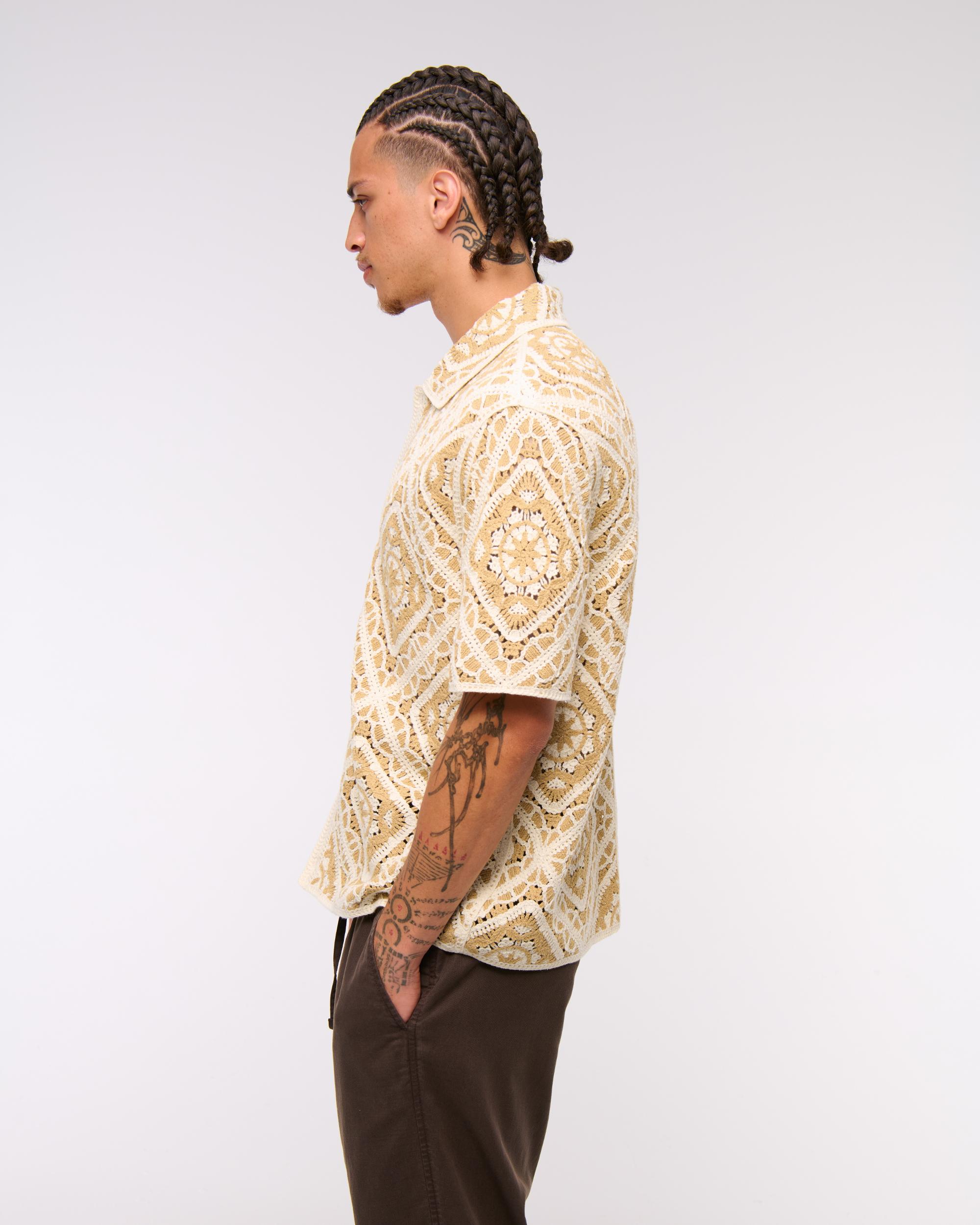 Crochet-Style Border Stripe Button-Through Sweater Polo Product Image