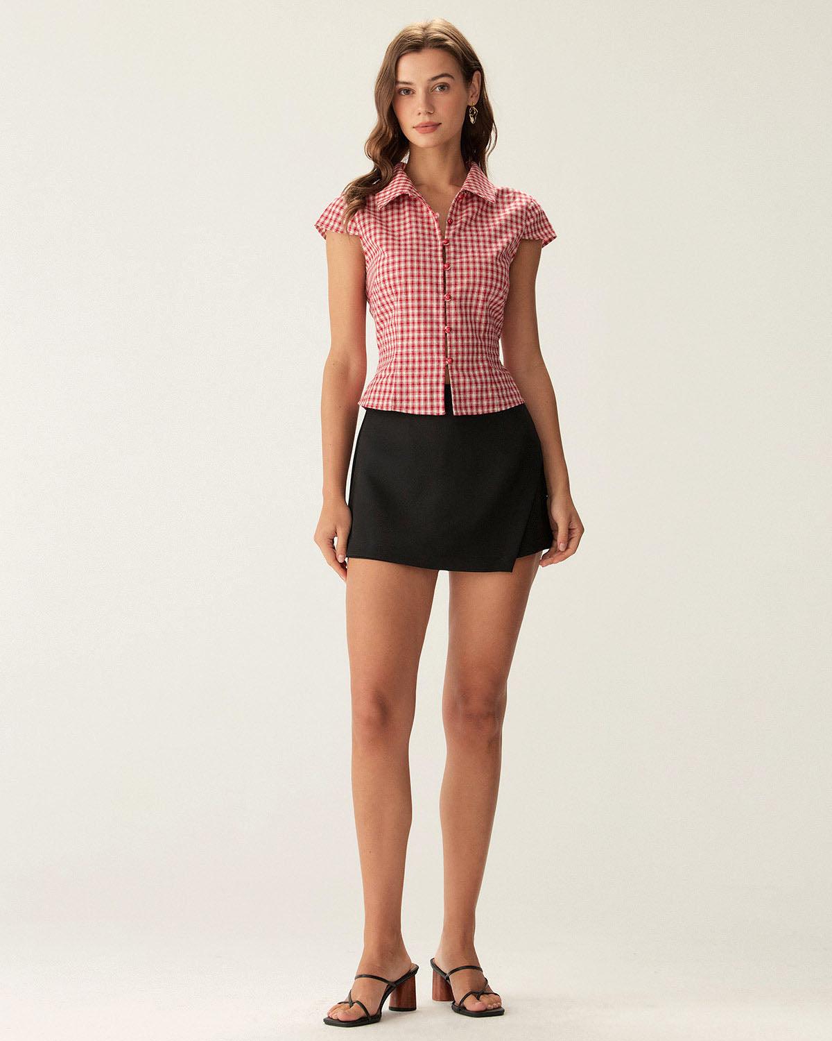 Red Plaid Cap Sleeve Button Blouse Product Image