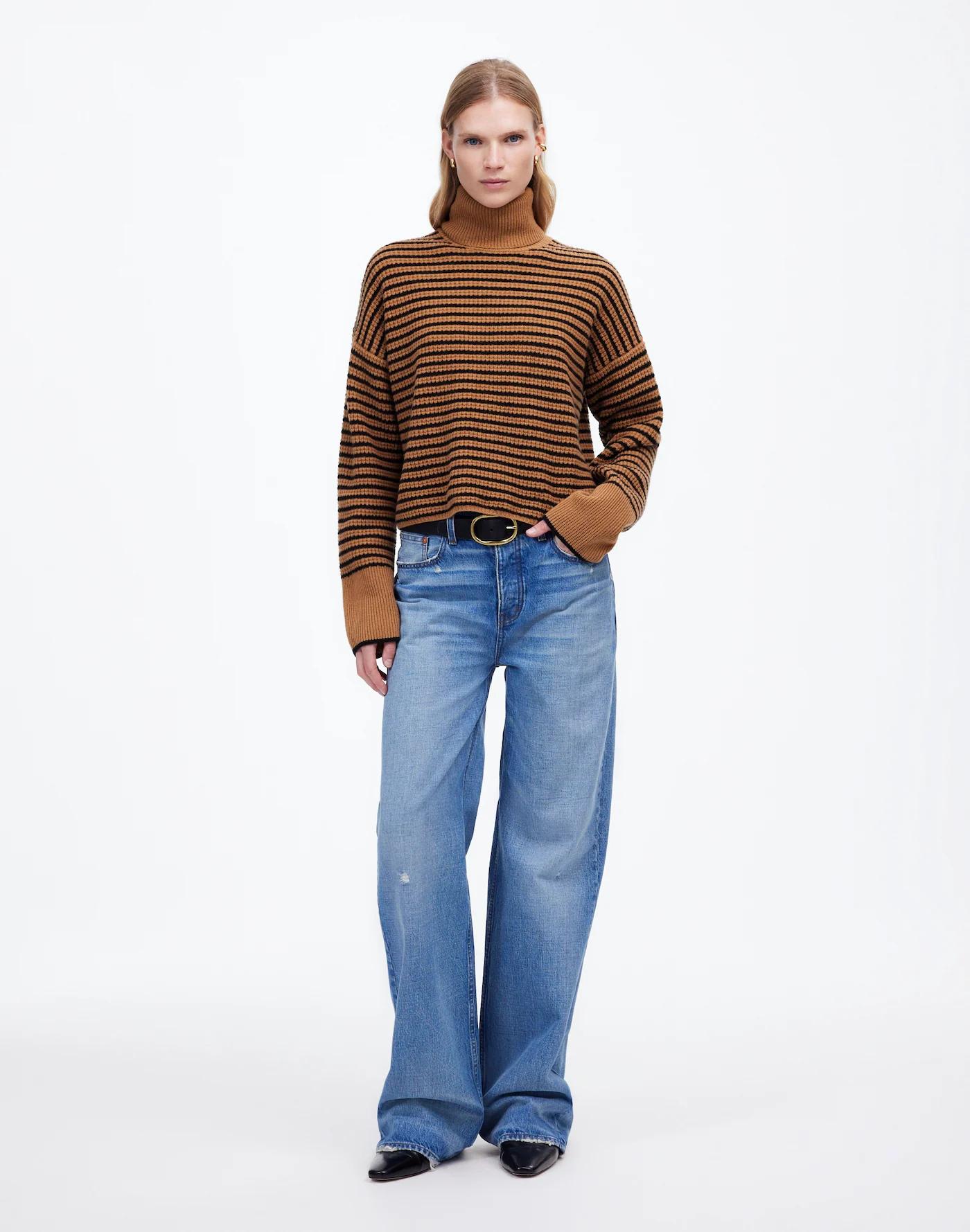Wool Waffle-Knit Turtleneck in Stripe Product Image