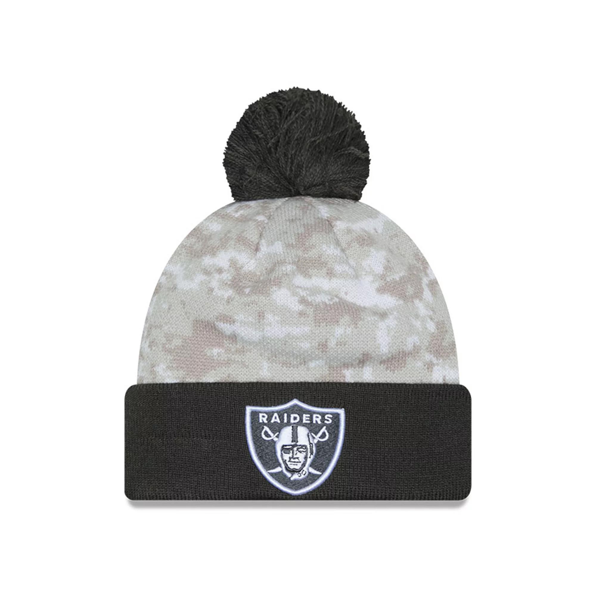 Men's New Era  White/Graphite Las Vegas Raiders 2024 Salute To Service Digital Camo Cuffed Knit Hat with Pom, Lvr White Product Image