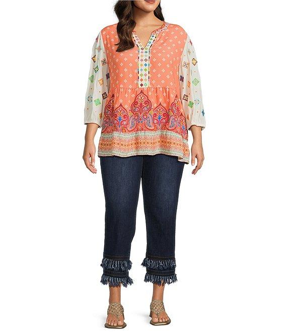 John Mark Plus Size Embroidered Mix Printed Split V-Neck 3/4 Bubble Sleeve Tunic Product Image