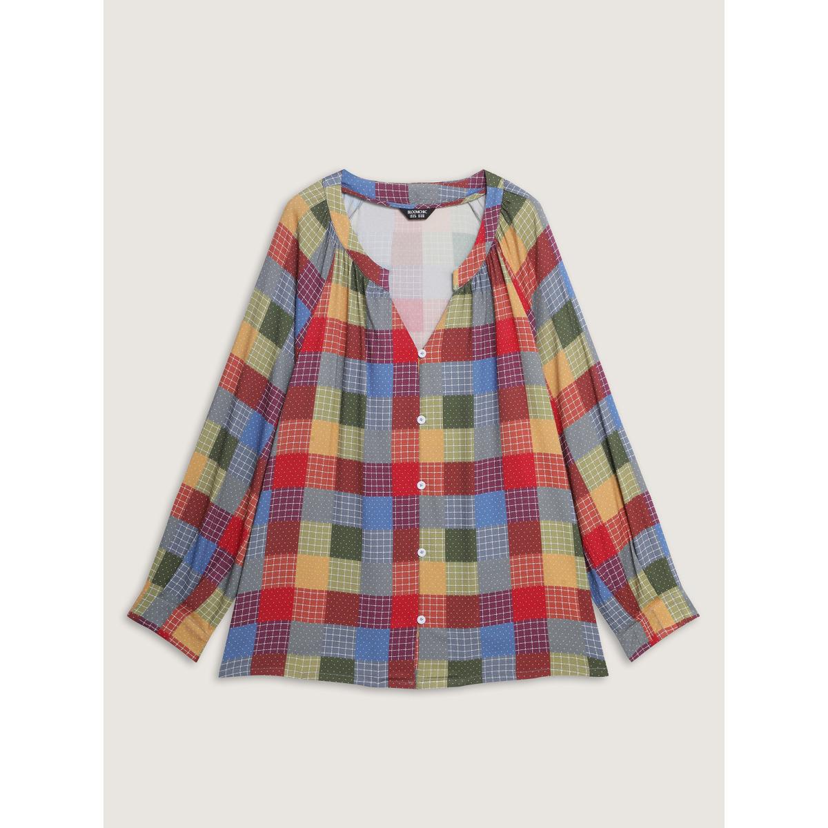 Plus Size Multicolor Colorful Check Print Button Relaxed-Fit Blouse Women Playful Long Sleeve Non Casual Blouses BloomChic 18-20/2X Product Image