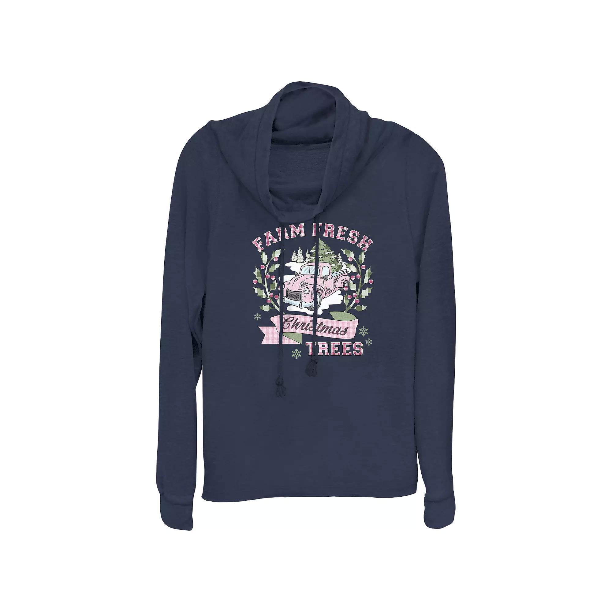 Women's Farm Fresh Christmas Trees Cowlneck Graphic Lightweight Long Sleeve, Size: XXL, Blue Product Image