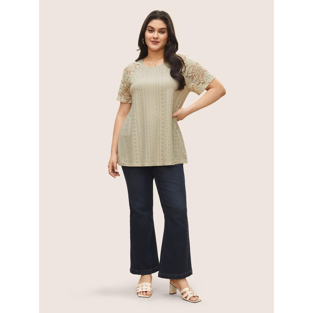 Plus Size Solid Broderie Anglaise Lace Raglan Sleeve T-shirt Champagne Women Elegant See through Plain Round Neck Everyday T-shirts BloomChic 12/L Product Image