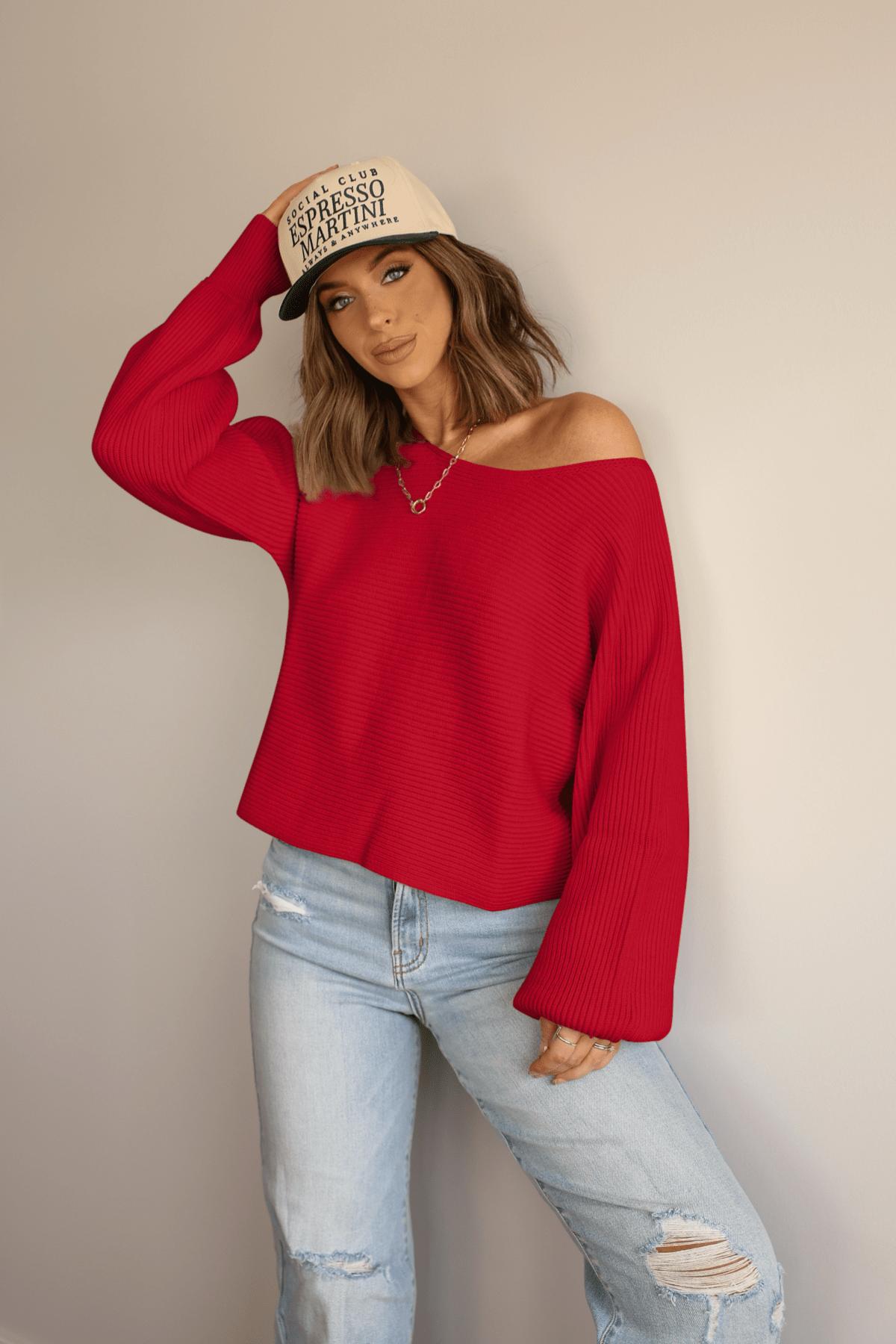 Avery Ribbed Boat Neck Sweater - Red - FINAL SALE Product Image