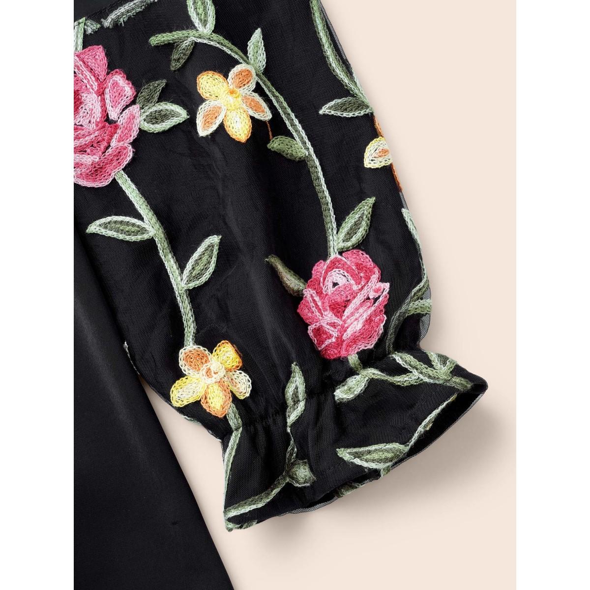 Plus Size Black Mesh Floral Embroidered Sleeve Blouse Women Elegant Long Sleeve Notched collar Everyday Blouses BloomChic 12/L Product Image