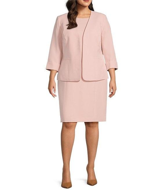 Kasper Plus Size Crepe Rolled Cuff 3/4 Sleeve Open Front Cardigan Jacket Product Image