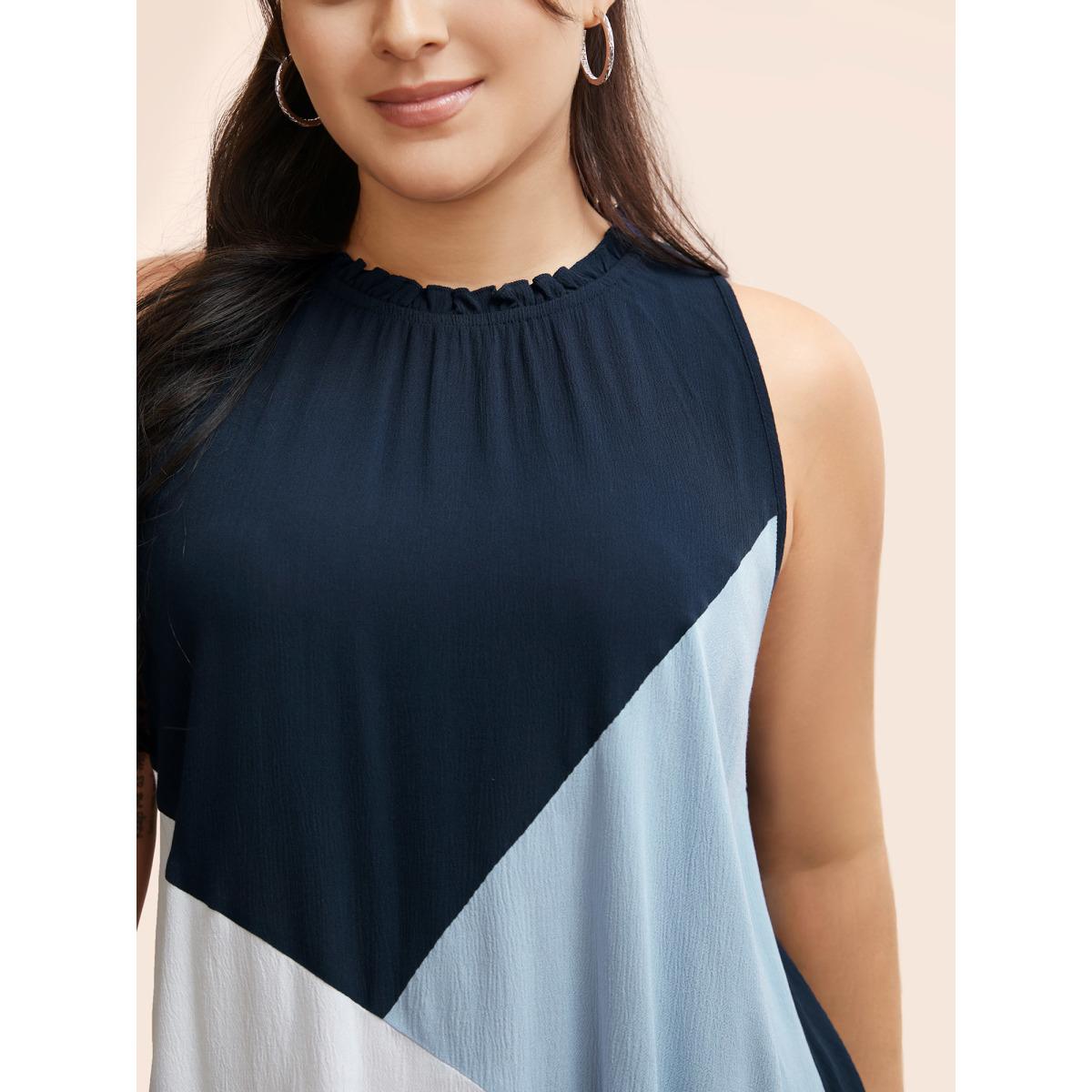 Plus Size Colorblock Contrast Frill Trim Gathered Tank Top Women DarkBlue Casual Contrast Mock Neck Everyday Tank Tops Camis BloomChic 30/6X Product Image