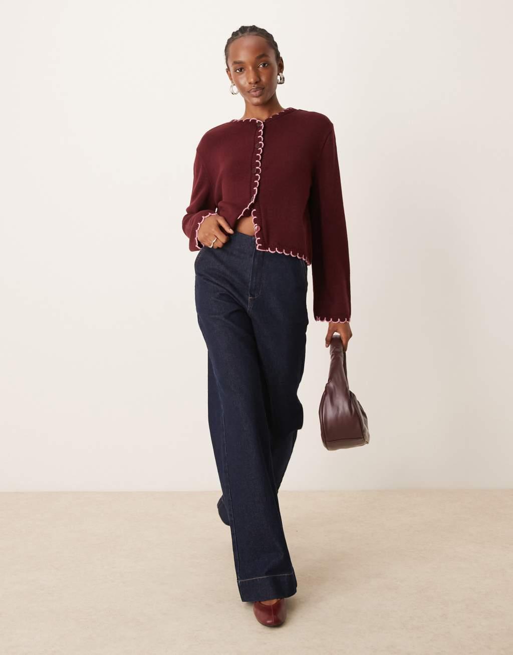 ASOS DESIGN blanket stitch cardigan in burgundy Product Image