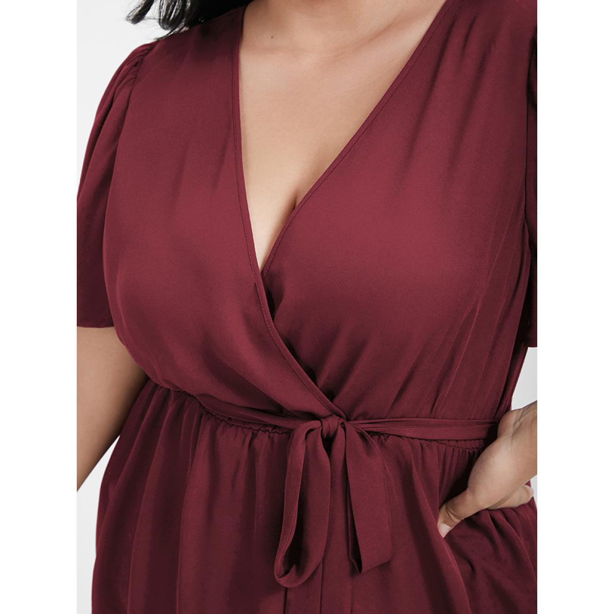 Plus Size Burgundy Plain Asymmetrical Hem Ruffles Belted Wrap Blouse Women Elegant Short sleeve V-neck Dailywear Blouses BloomChic 10/M Product Image