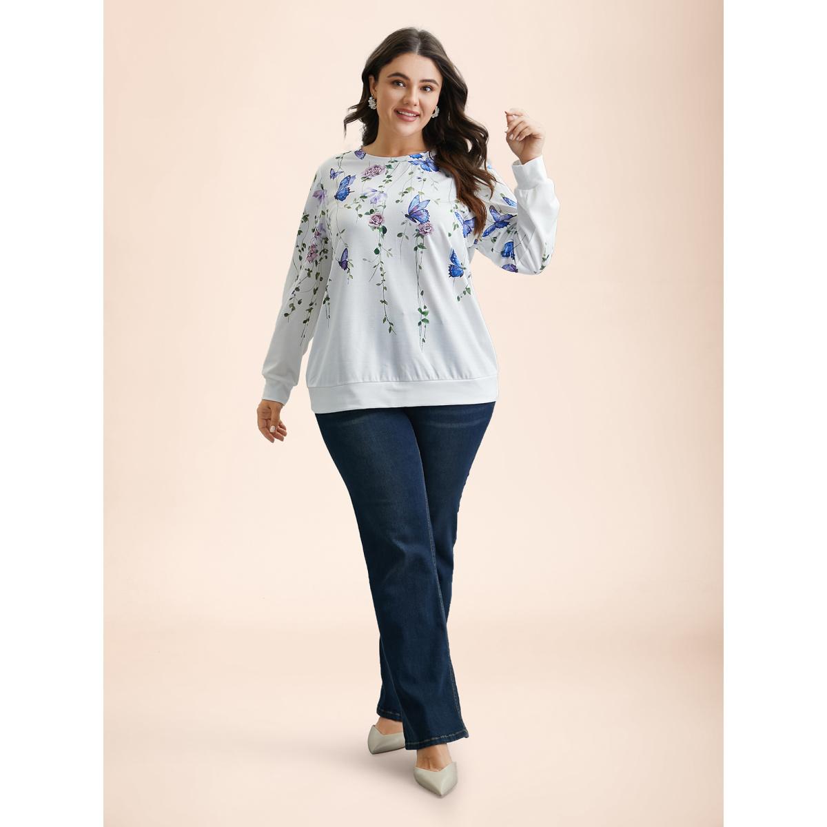 Plus Size Butterfly Print Stretchy Round Neck Sweatshirt Women WhiteSmoke Elegant Non Round Neck Everyday Sweatshirts BloomChic 10/M Product Image