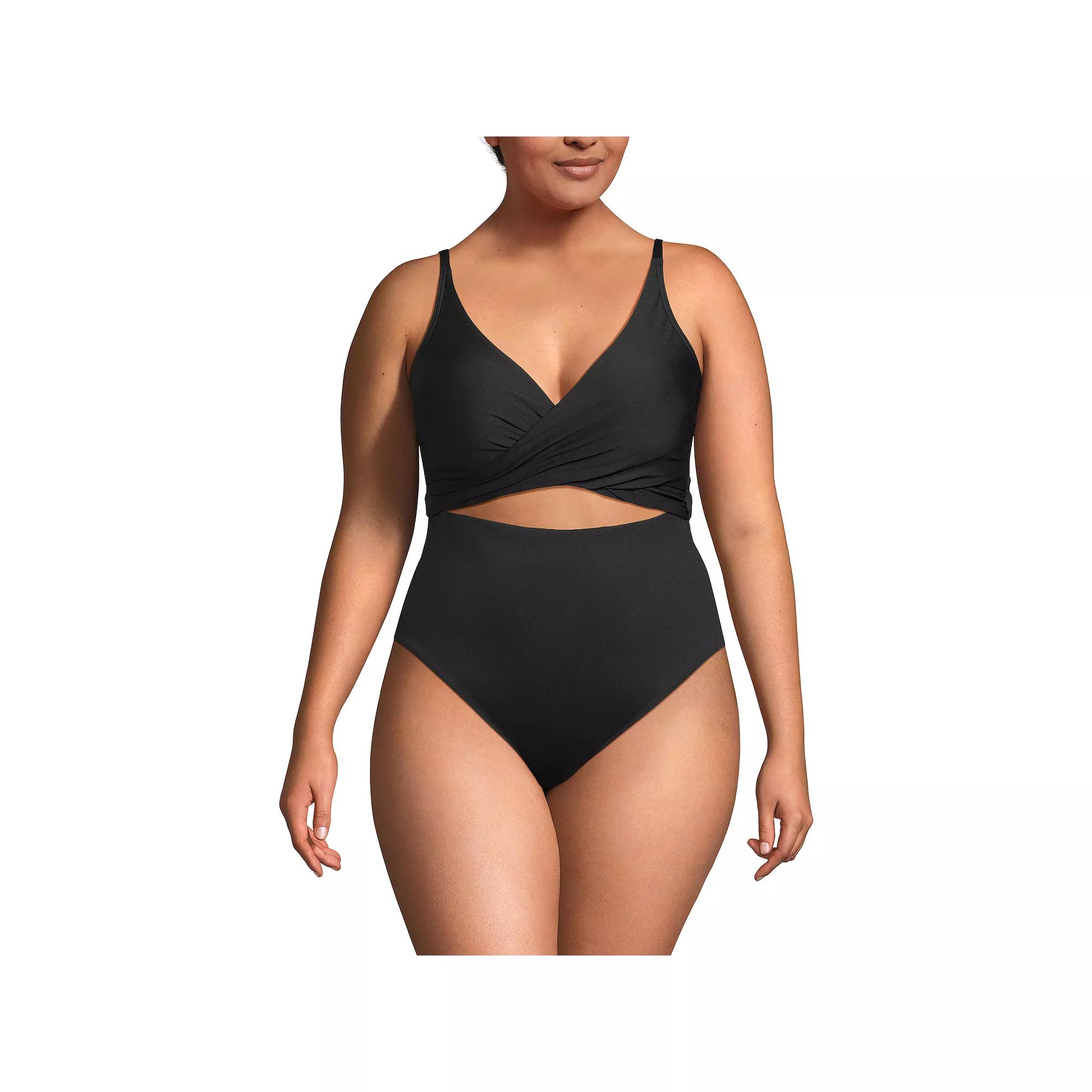 Plus Size Lands' End Wrap Monokini High Leg One-Piece Swimsuit, Women's, Size: 16 W, Black Product Image