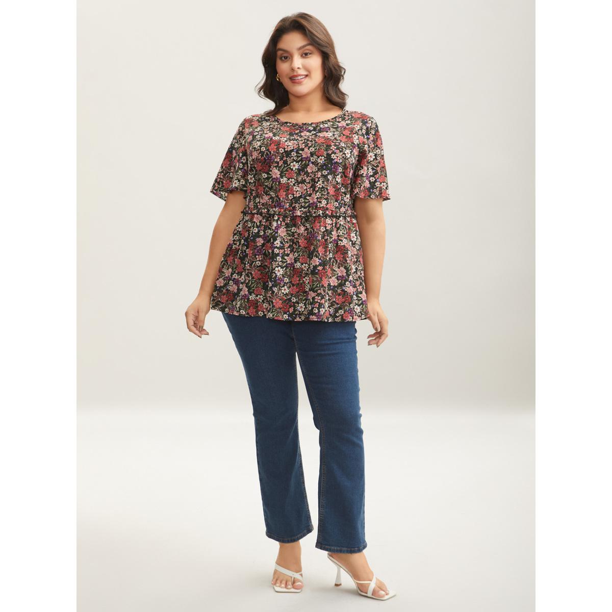 Plus Size Black Floral Ruffled Round Neck Shirt Women Timeless Short sleeve Round Neck Elegant Blouses BloomChic 30/6X Product Image