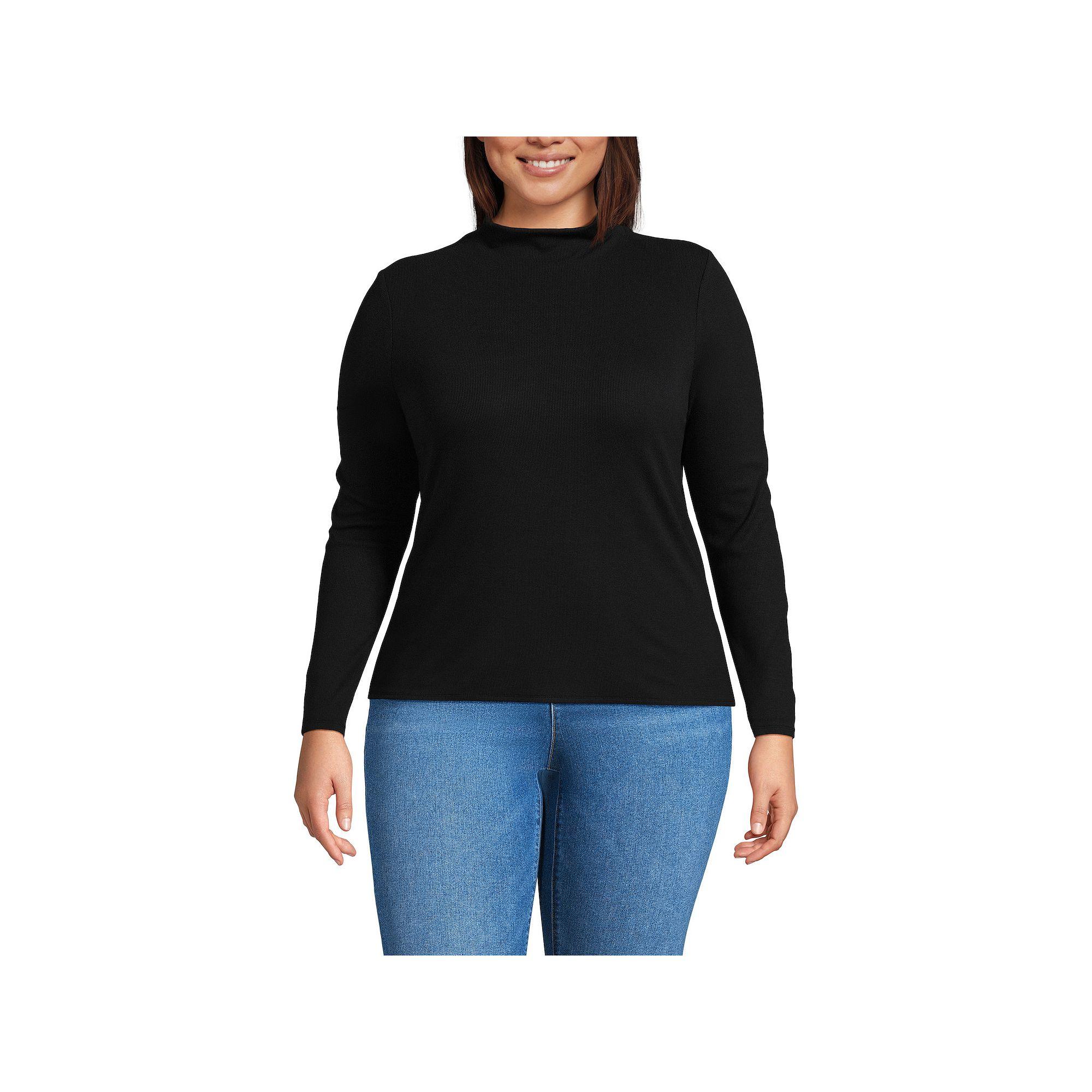 Plus Size Lands' End Drapey Rib Skimming Long Sleeve Mockneck Top, Women's, Size: 1XL, Black Product Image