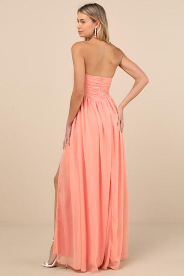 Luxe Favorite Peach Pink Strapless Ruched Maxi Dress Product Image