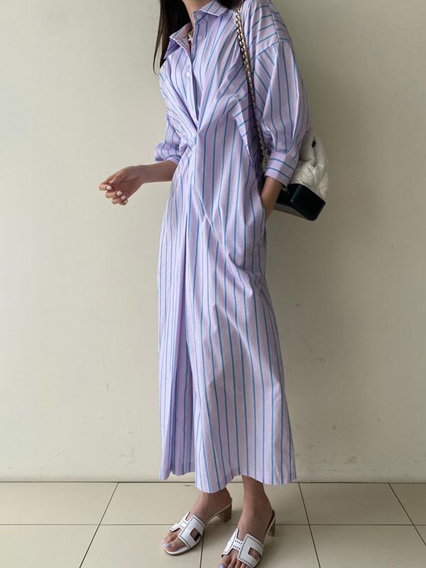 Long Sleeves Loose Buttoned Contrast Color Pockets Striped Lapel Midi Dresses Shirt Dress Product Image
