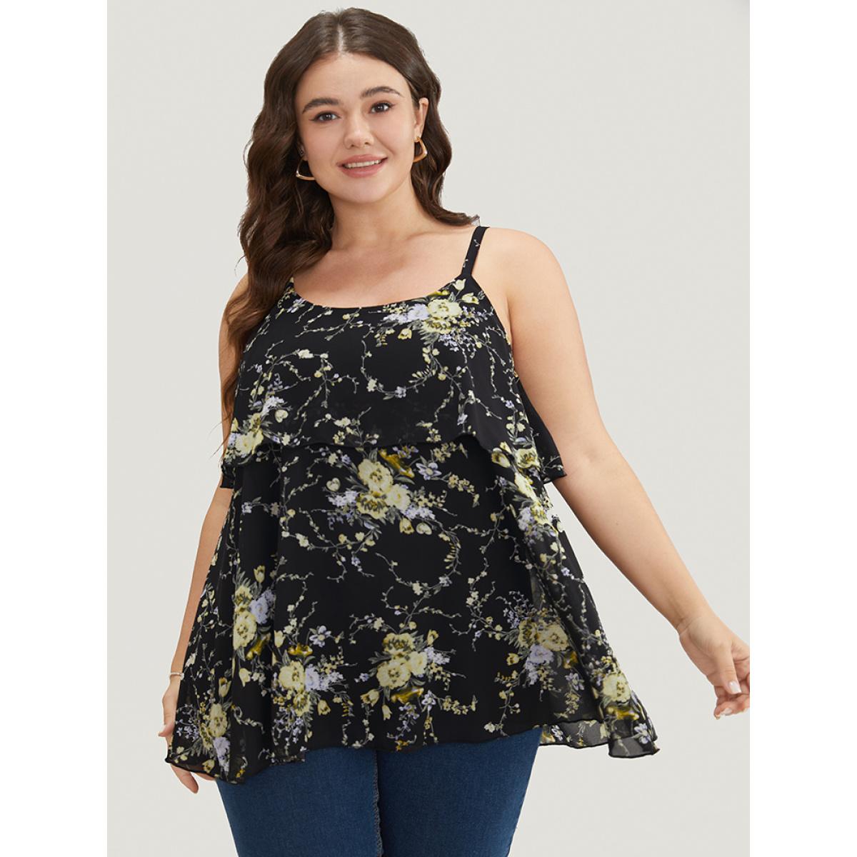 Plus Size Floral Print Adjustable Straps Tiered Hem Cami Top Women BlackFlower Elegant Adjustable Straps Spaghetti Strap Dailywear Tank Tops Camis BloomChic 10/M Product Image