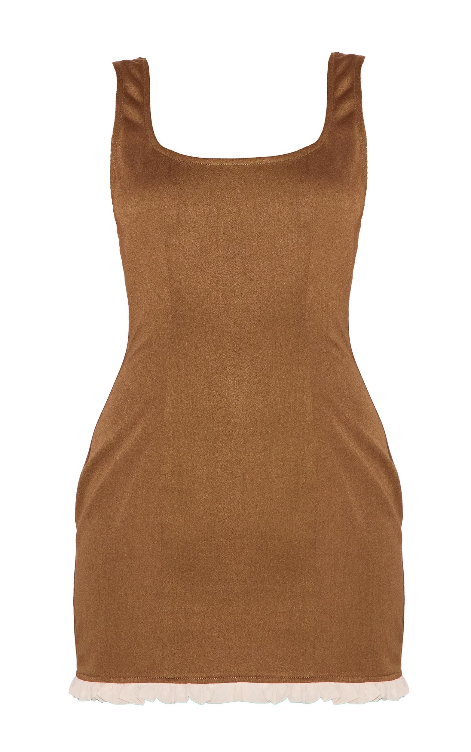 Brown Scoop Neck Frill Hem Bodycon Dress Product Image