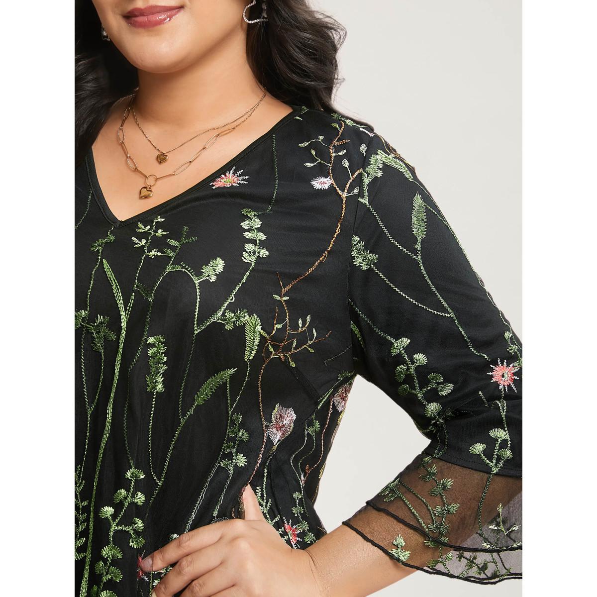 Plus Size Black Embroidered Mesh Lotus Leaf Sleeve Blouse Women Elegant Elbow-length sleeve V-neck Everyday Blouses BloomChic 28/5X Product Image