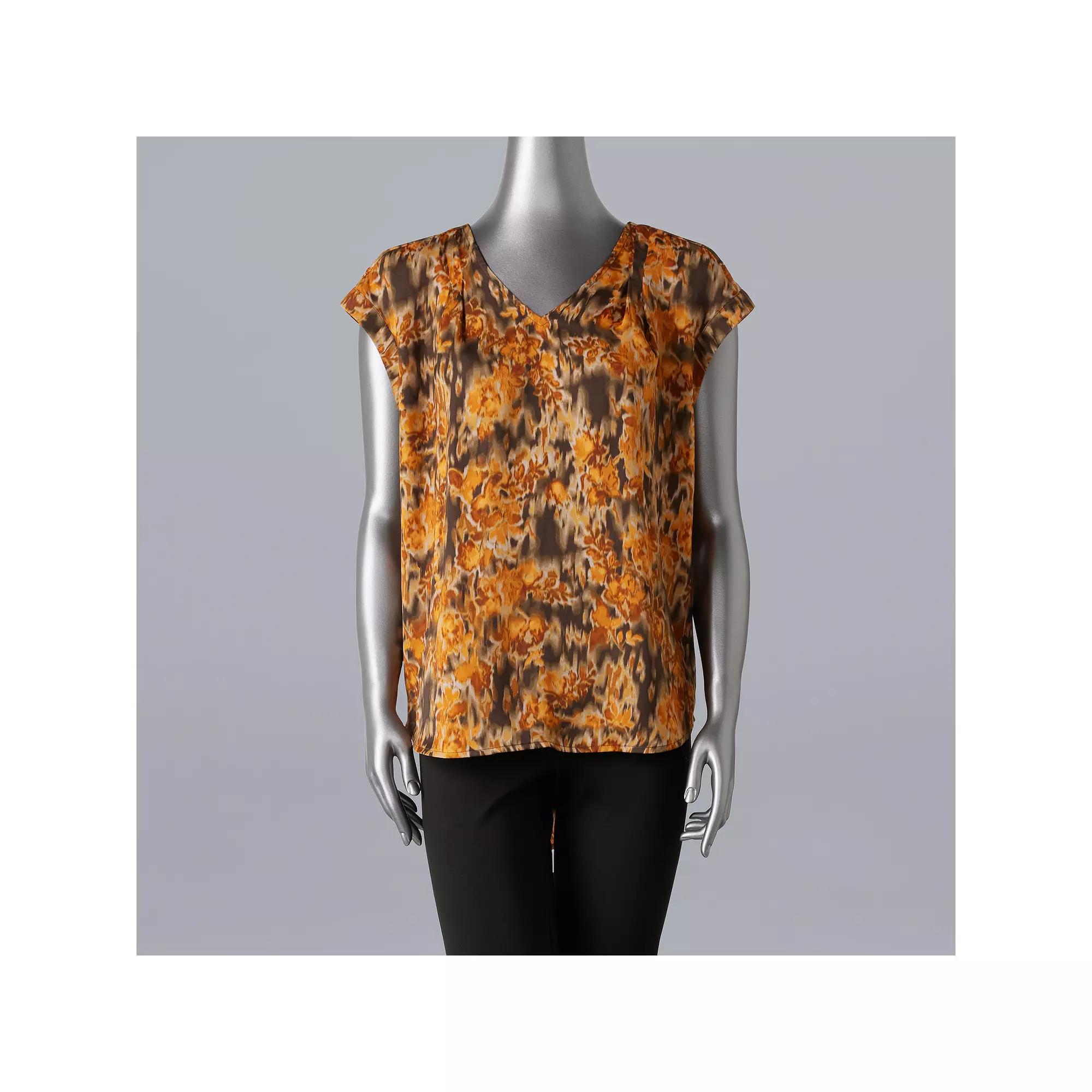 Women's Simply Vera Vera Wang V-Neck Top, Size: XS, Brown Ikat Floral Product Image