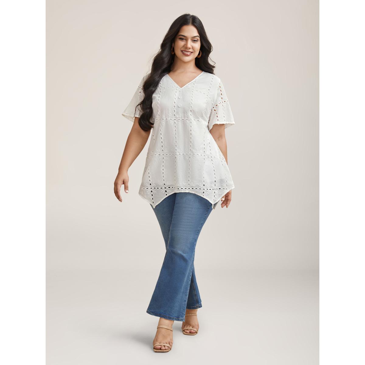 Plus Size Originalwhite Cotton Embroidered V-Neck Shirt Women Resort Short sleeve V-neck Vacation Blouses BloomChic 18-20/2X Product Image