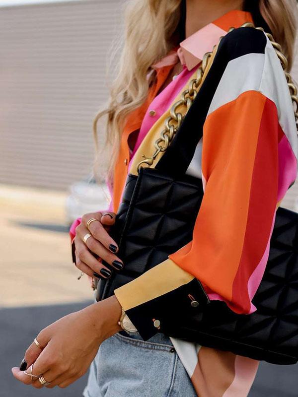 Long Sleeves Loose Contrast Color Printed Lapel Blouses Product Image