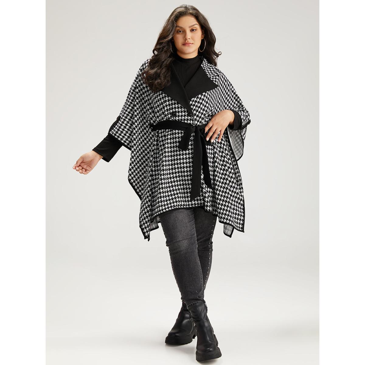 Plus Size Houndstooth Dolman Sleeve Lapel Collar Belted Coat Women Black Casual Belted Loose Ladies Dailywear Winter Coats BloomChic 14-16/1X Product Image
