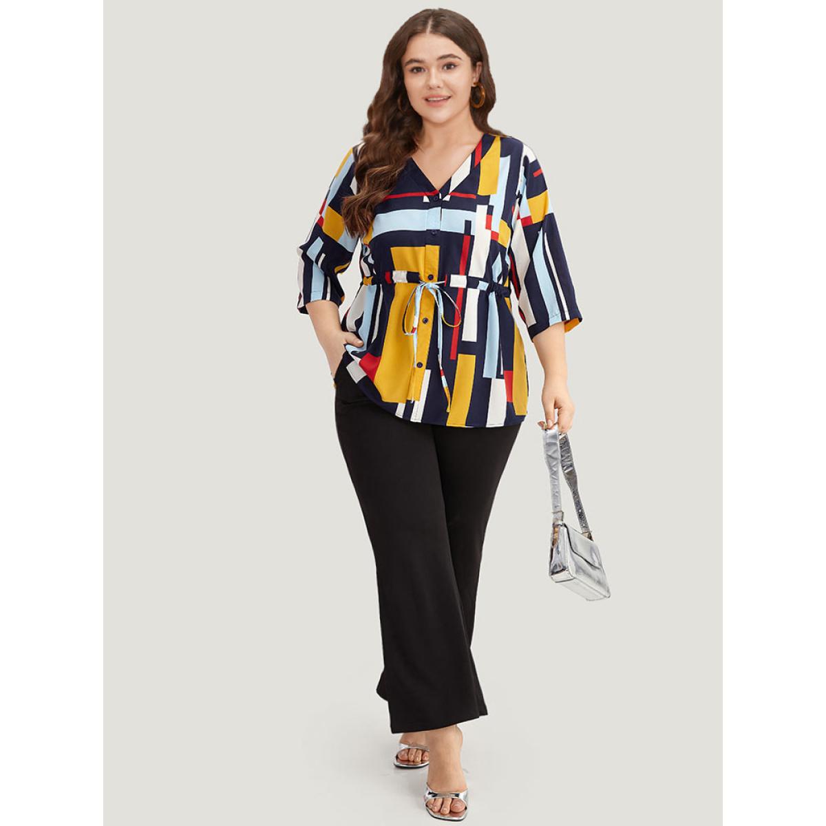 Plus Size Multicolor Geometric Contrast Drawstring Button Up Blouse Women Office Elbow-length sleeve V-neck Office Blouses BloomChic 26/4X Product Image