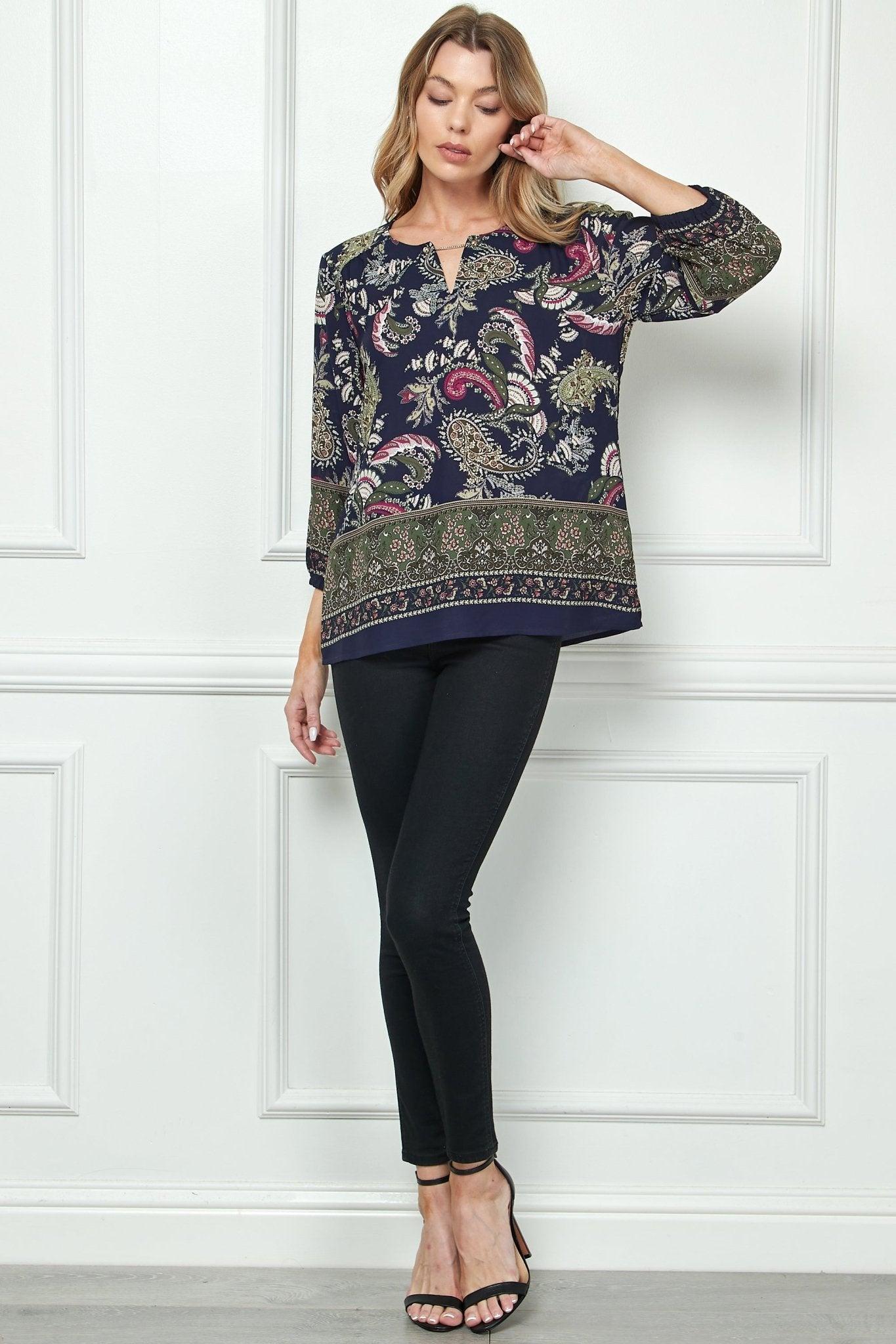 Navy Paisley 3/4 Sleeve Blouse Product Image