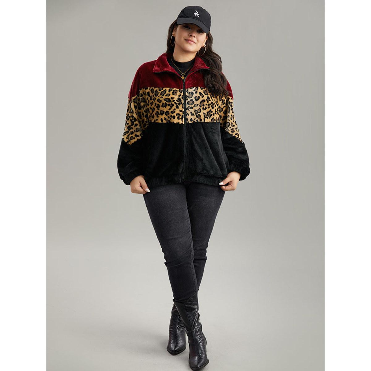 Plus Size Leopard Colorblock Contrast Zipper Jacket Women Scarlet Contrast Everyday Jackets BloomChic 10/M Product Image