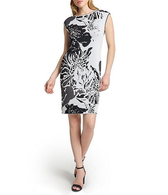 Ming Wang Floral Jacquard Knit Open Front Bracelet Sleeve Cardigan Product Image