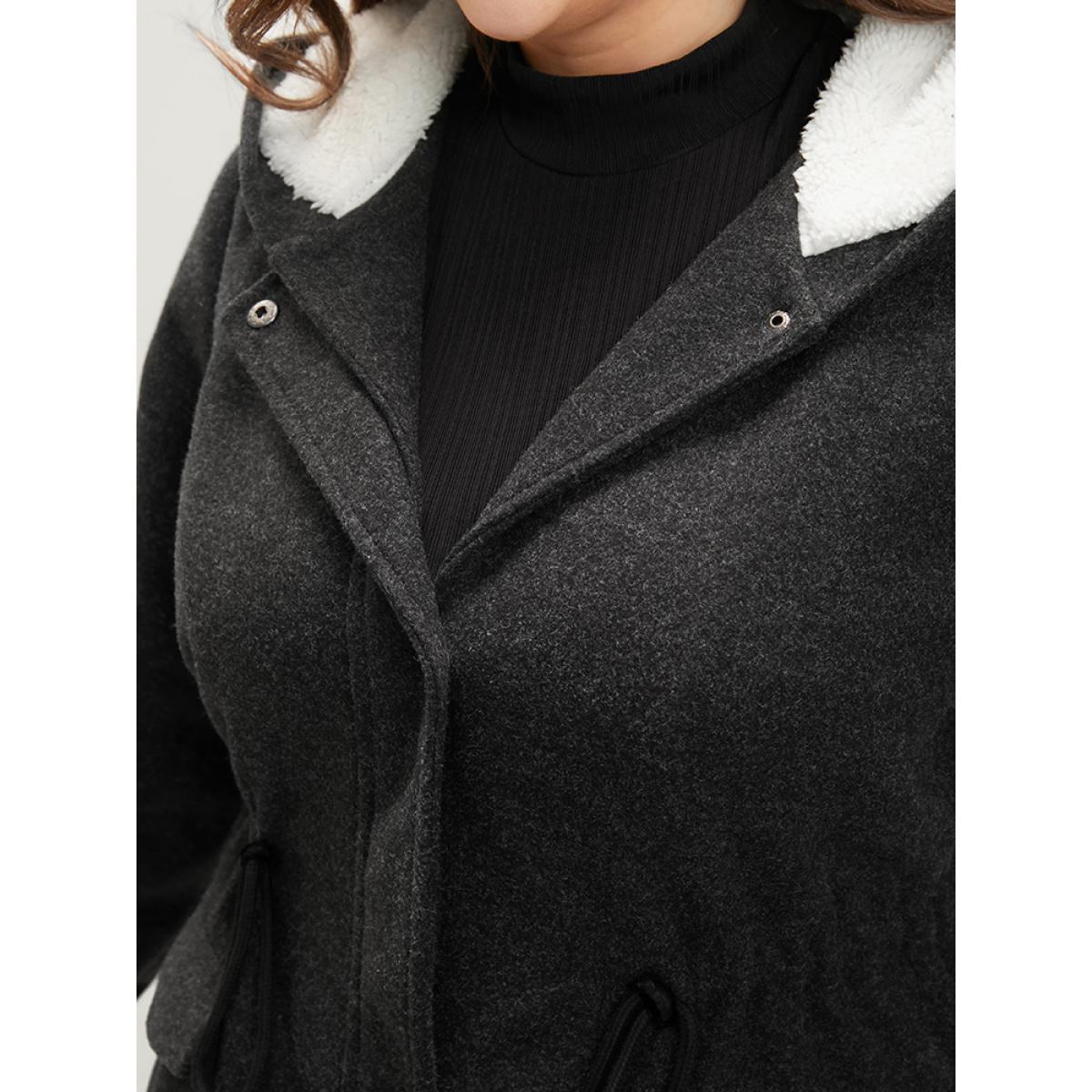 Plus Size Solid Flap Pocket Button Up Drawstring Teddy Lined Hooded Coat Women Black Casual Plain Loose Ladies Dailywear Winter Coats BloomChic 26/4X Product Image