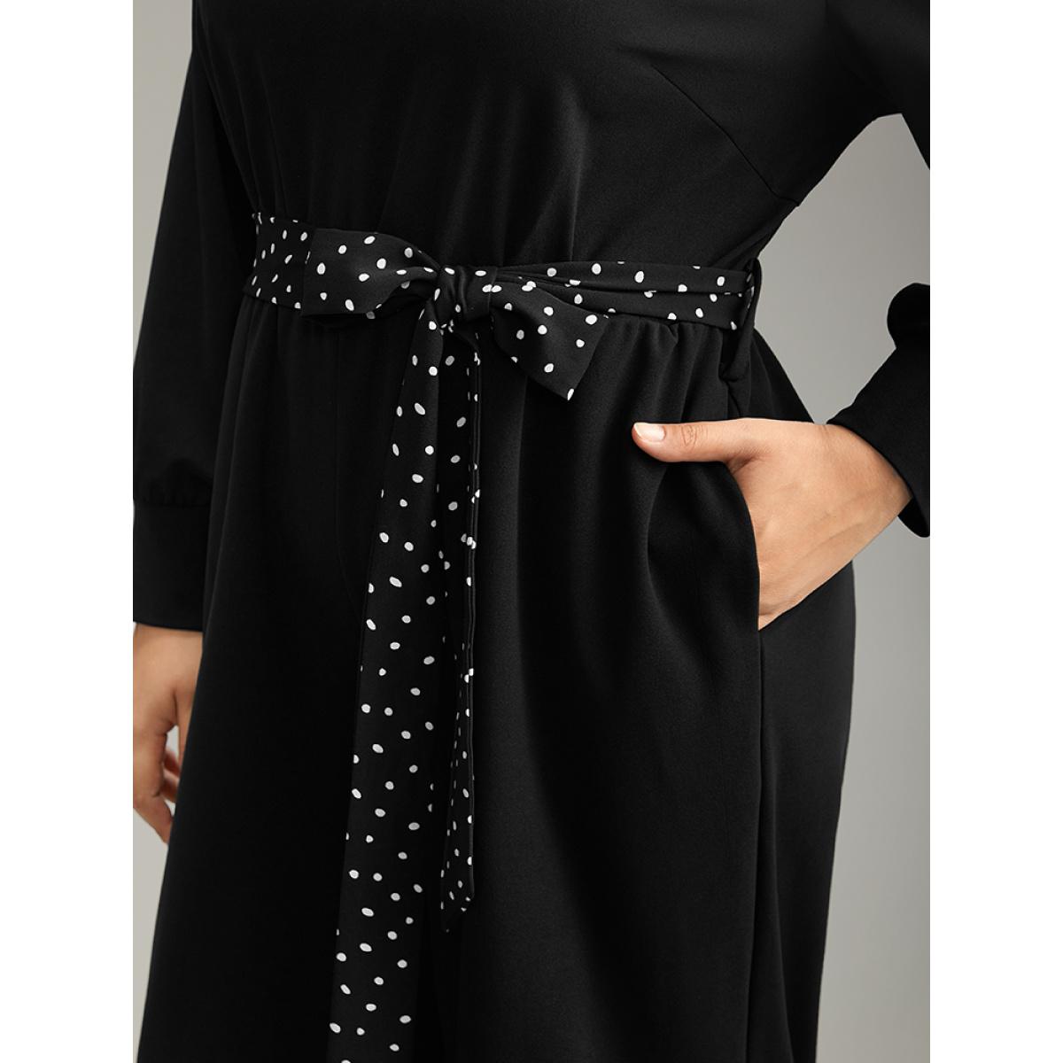 Plus Size Black Polka Dot Belted Pocket Elastic Waist Jumpsuit Women Casual Long Sleeve Round Neck Everyday Loose Jumpsuits BloomChic 14-16/1X Product Image