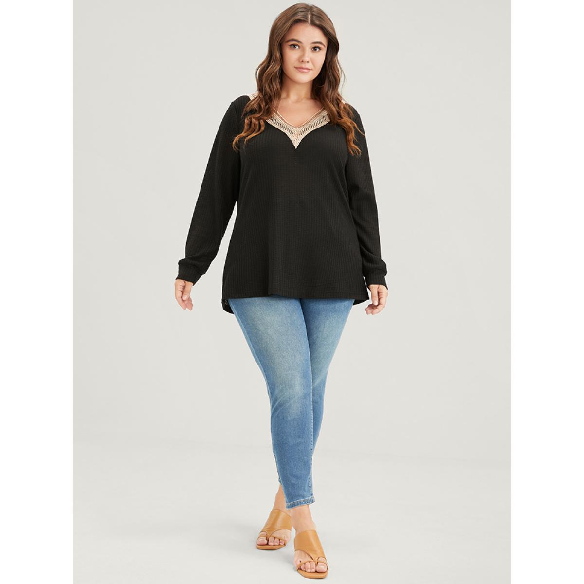 Plus Size Solid Drop Shoulder Contrast Lace Waffle Knit Sweatshirt Women Black Casual Patchwork V-neck Dailywear Sweatshirts BloomChic 26/4X Product Image