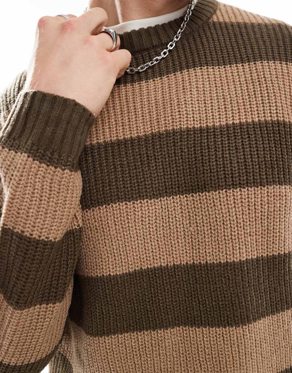 Another Influence chunky striped round neck sweater in brown Product Image