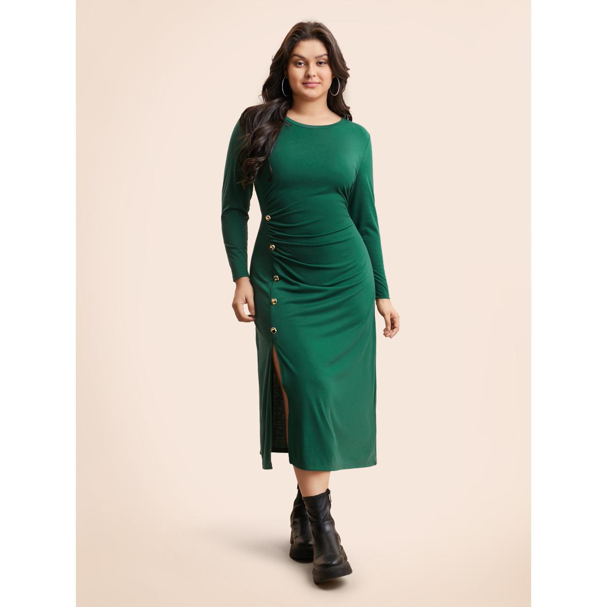 Plus Size Plain Button Detail Split Hem Dress DarkGreen Women Casual Gathered Round Neck Long Sleeve Curvy BloomChic 26/4X Product Image