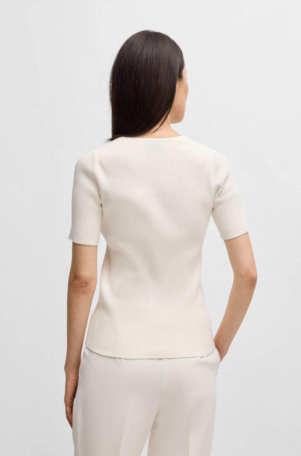 Square-neck short-sleeved sweater in ribbed stretch fabric Product Image