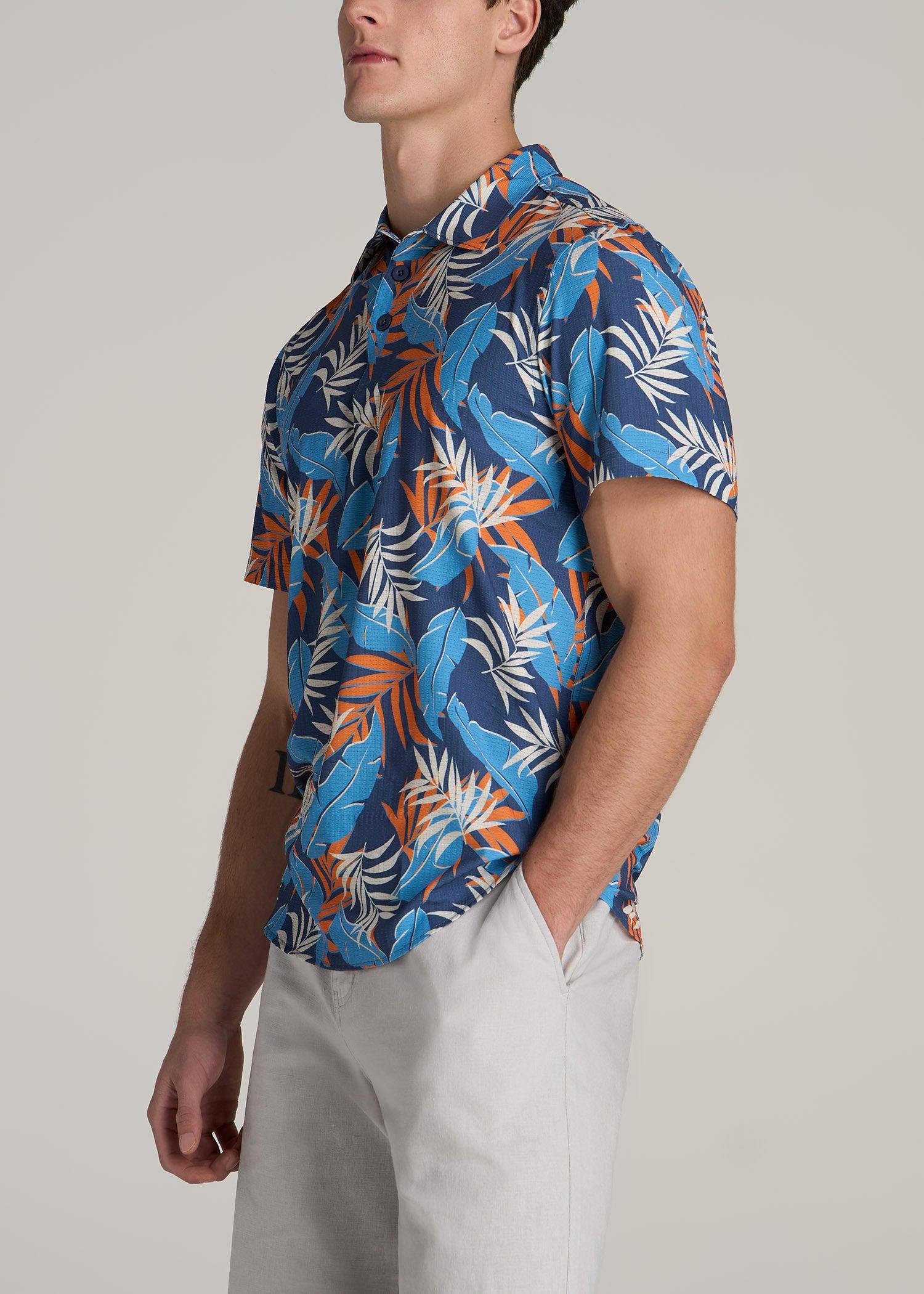 Coastal Perforated Polo Shirt for Tall Men in Blue and Orange Palms Male Product Image