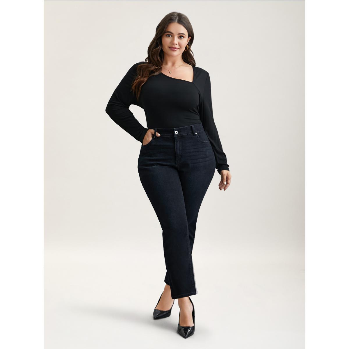 Plus Size Whiskered Mid-Rise Skinny-Fit Jeans Women Denimcharcoal Elegant Button Medium stretch Slanted pocket Jeans BloomChic 20/2X Product Image