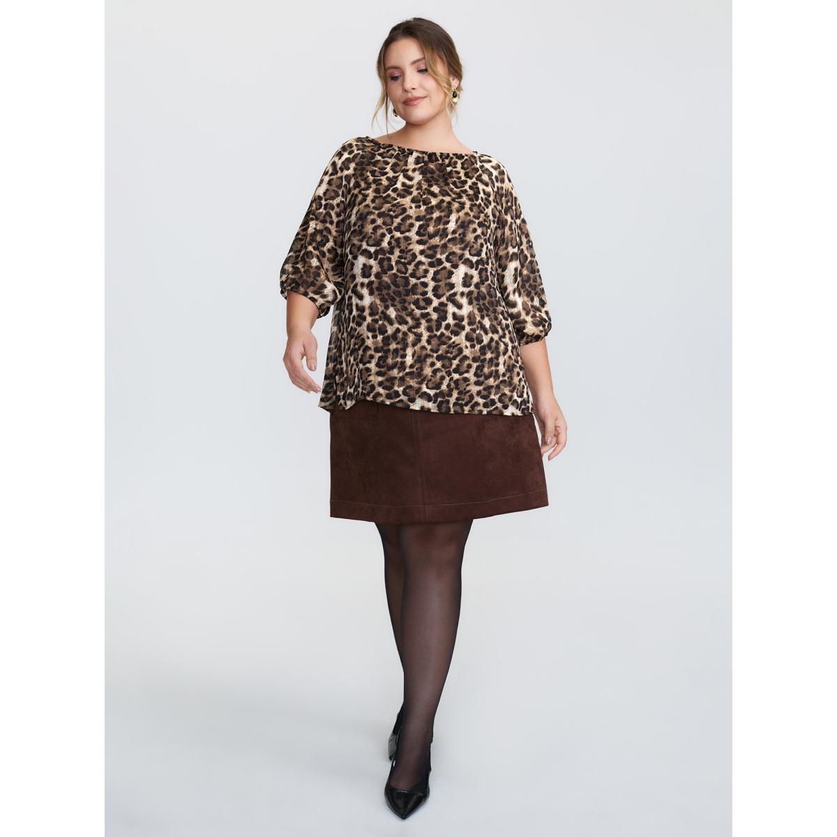 Plus Size DarkBrown Leopard Print Gathered Neckline Blouse Women Retro Elbow-length sleeve Round Neck Elegant Blouses BloomChic 22-24/3X Product Image
