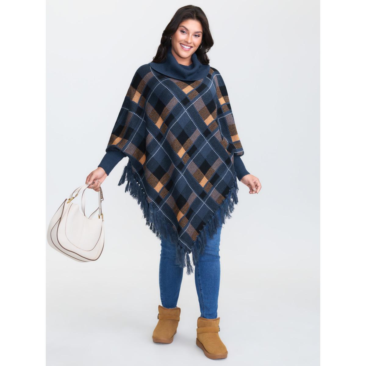 Plus Size Holiday Plaid Turtleneck Fringe Hem Pullover Indigo Women Leisure Loose Long Sleeve Turtleneck Casual Pullovers BloomChic 28/5X Product Image