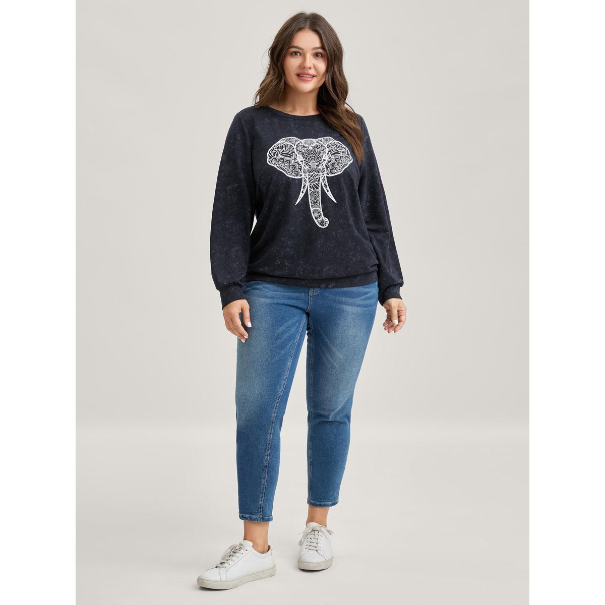 Plus Size Elephant Motif Crew Neck Sweatshirt Women Indigo Non Round Neck Casual Sweatshirts BloomChic 10/M Product Image