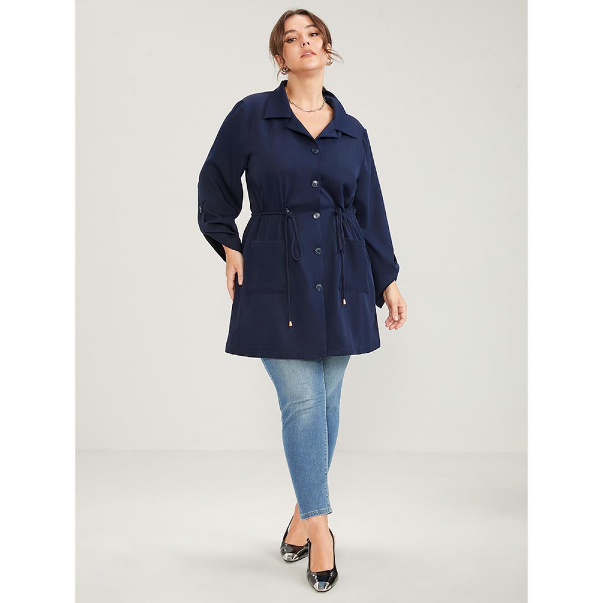 Plus Size Solid Pocket Button Up Cuffed Sleeve Drawstring Coat Women Navy Elegant Pocket Ladies Dailywear Winter Coats BloomChic 30/6X Product Image