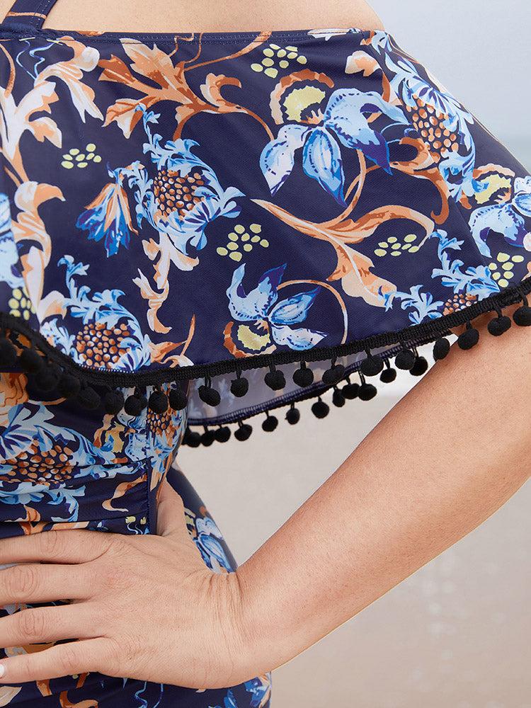 Floral Pompom Trim Cold Shoulder One Piece Swimsuit Female Product Image