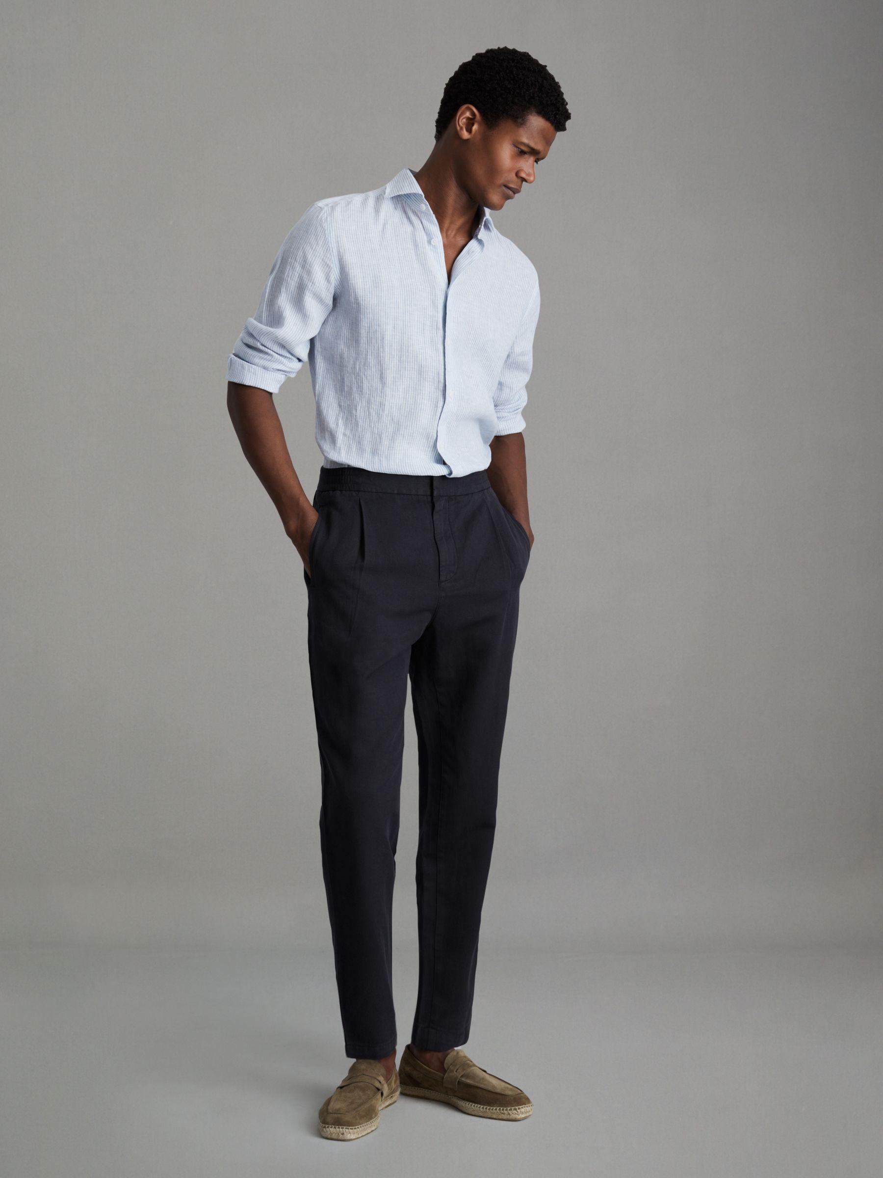 Relaxed Cotton/Linen Blend Elasticated Waist Trousers in Navy Product Image