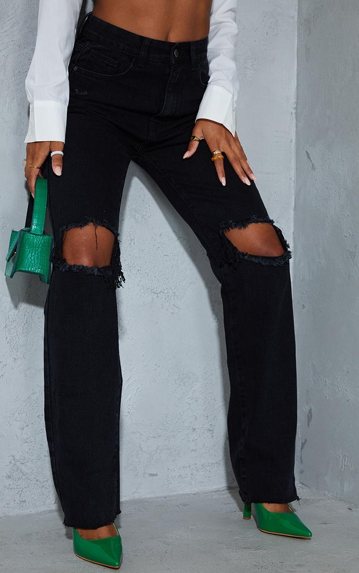 Washed Black High Rise Ripped Straight Leg Jeans Product Image