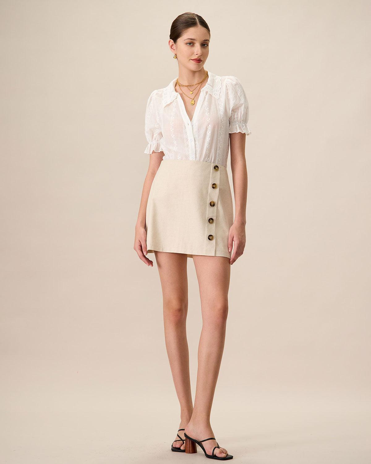 Women's Beige High-Waisted Cotton Button Mini Skirt Female Product Image